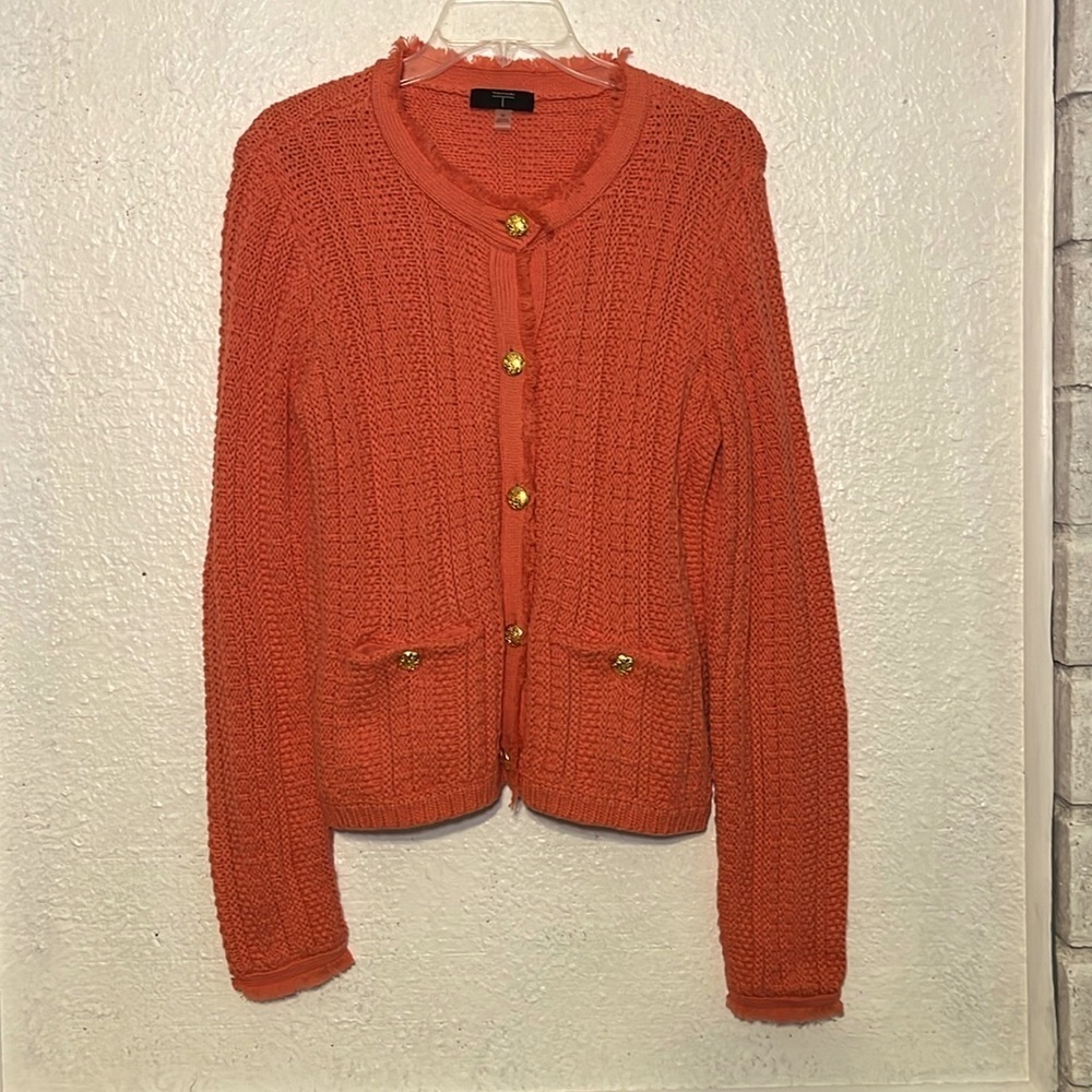 Tahari orange, thick button front cardigan with front pocket size medium